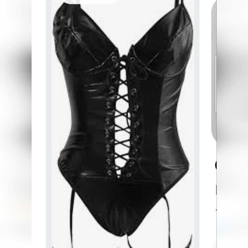 Black Faux Leather Garter Teddy Bodysuit  size Medium